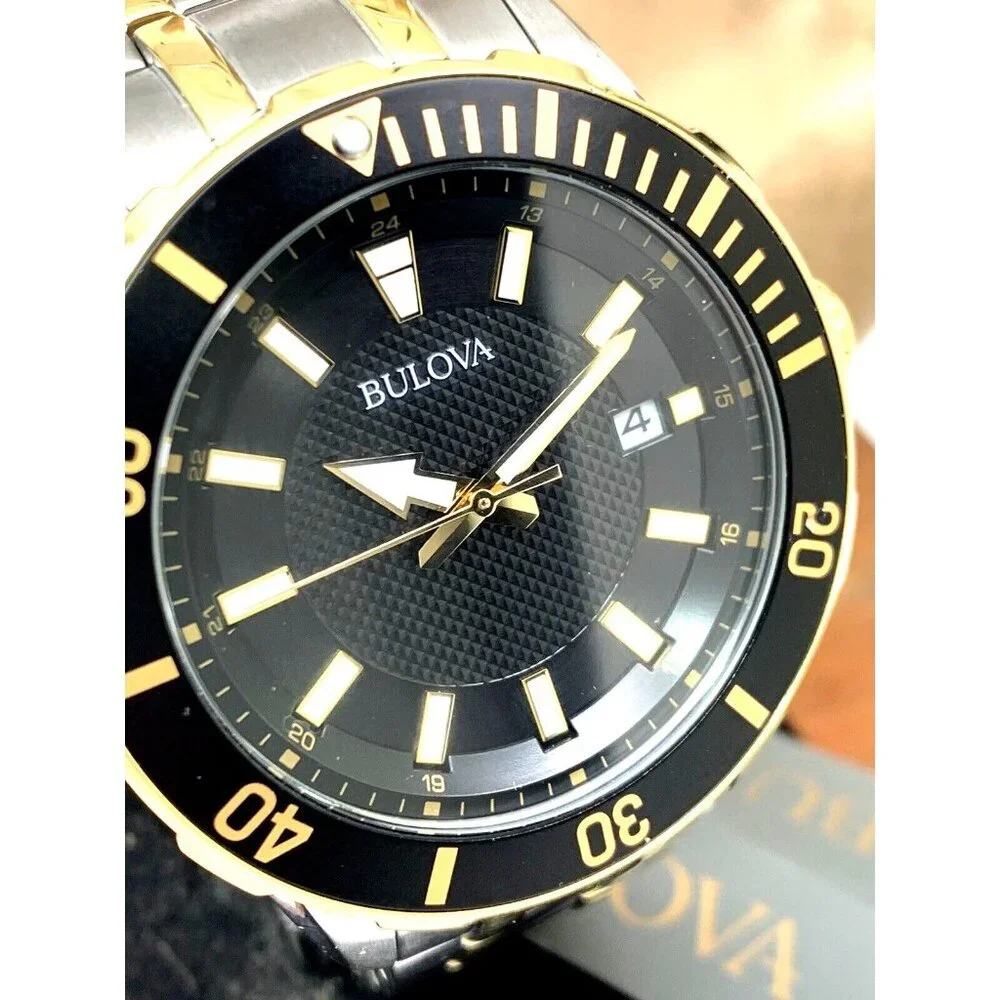 Bulova Men's Watch 98B394 Black Dial Date Quartz Two Tone Stainless Steel 44mm